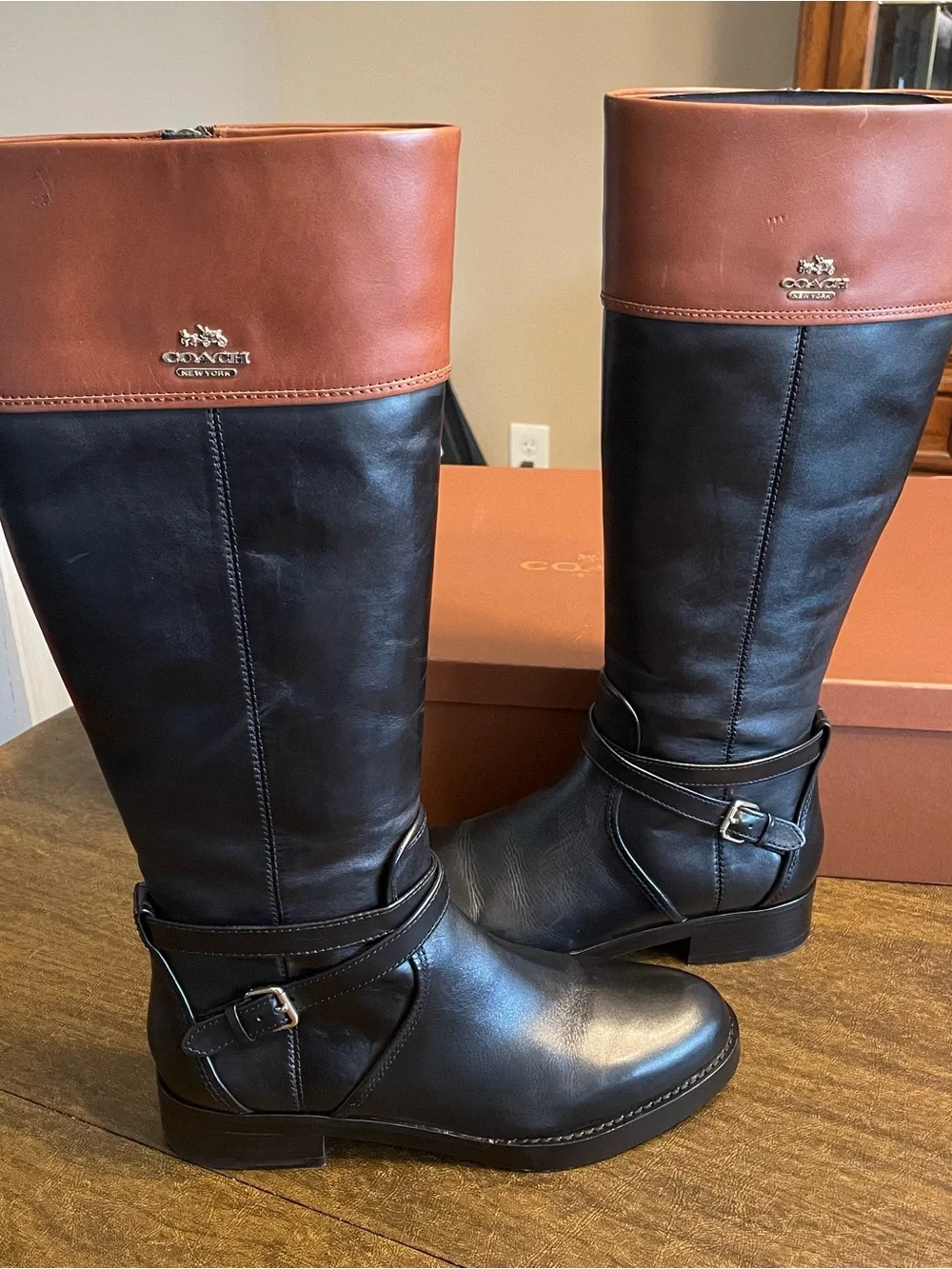 Coach Black Leather Tall Riding Boots with Brown Cuff - Picture 1 of 6